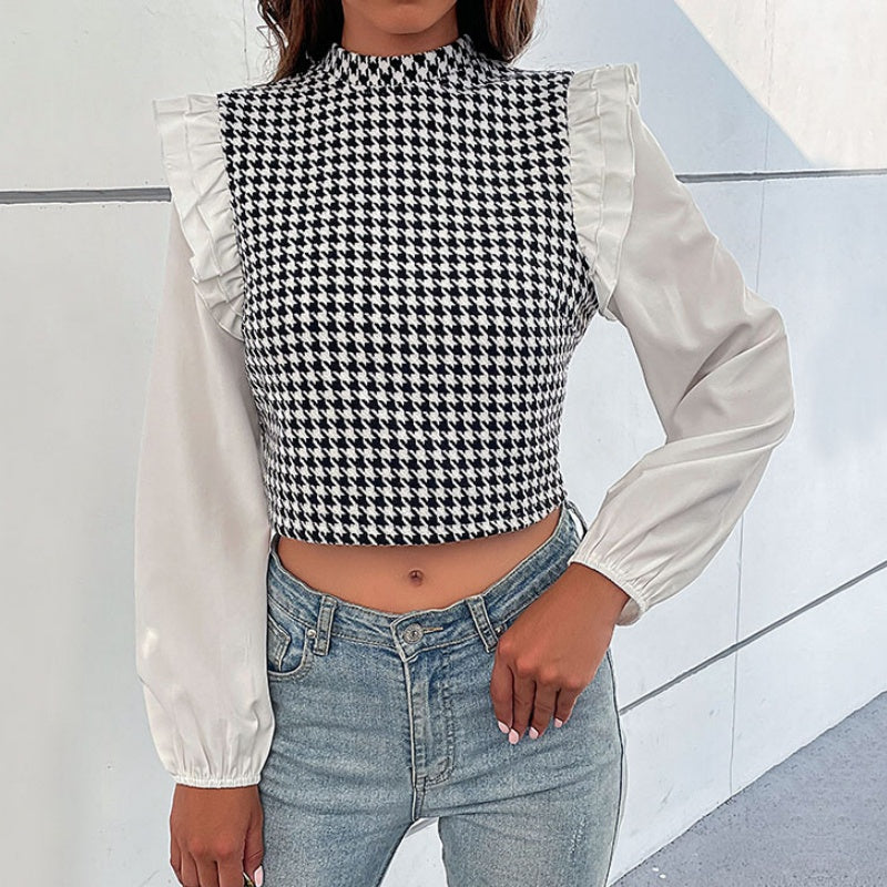 Houndstooth Ruffle Sleeve Crop Top