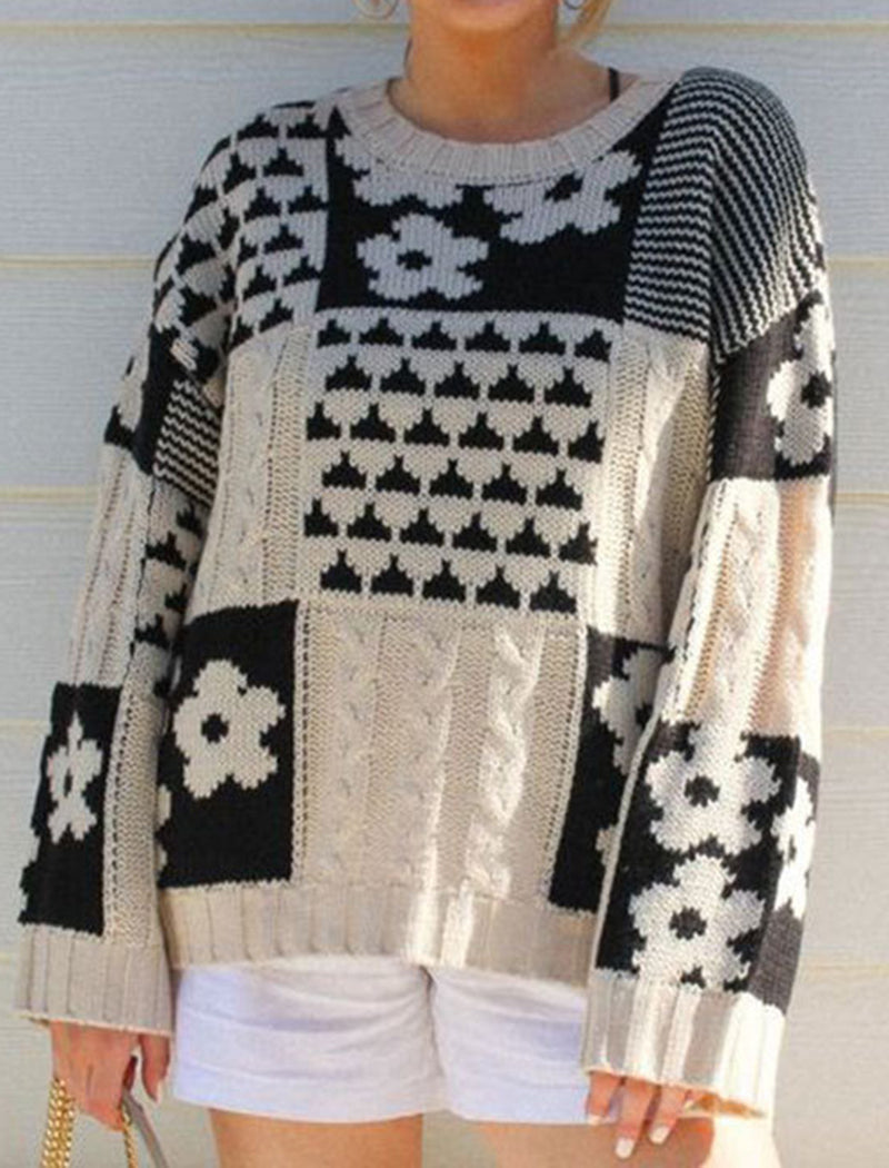 Floral Block Loose Knit Pullover