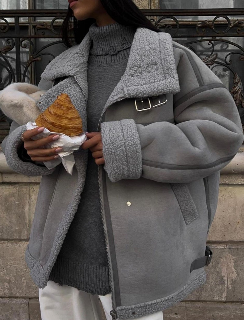 Oversized Shearling Jacket with Lapel Collar