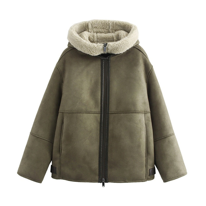 Shearling Hooded Zip-Up Jacket