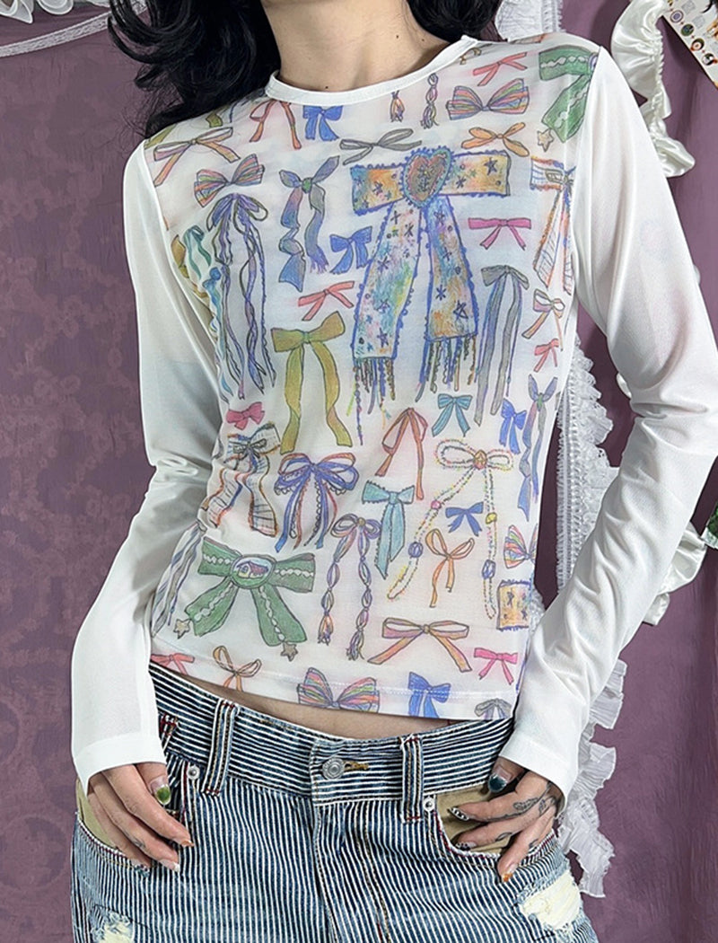 Bowknot Printed Slim Long Sleeve Tee