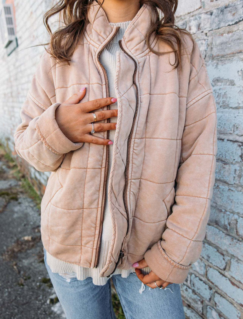 Quilted Zip-Up Jacket with Stand Collar