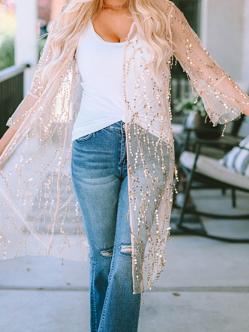 Sheer Sequin Open-Front Cardigan