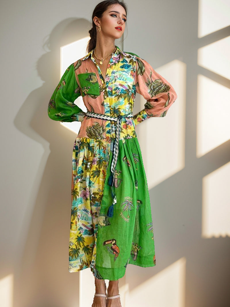 Printed Collared Midi Dress with Belt