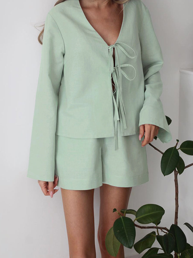 Tie-Front Blouse and Shorts Set