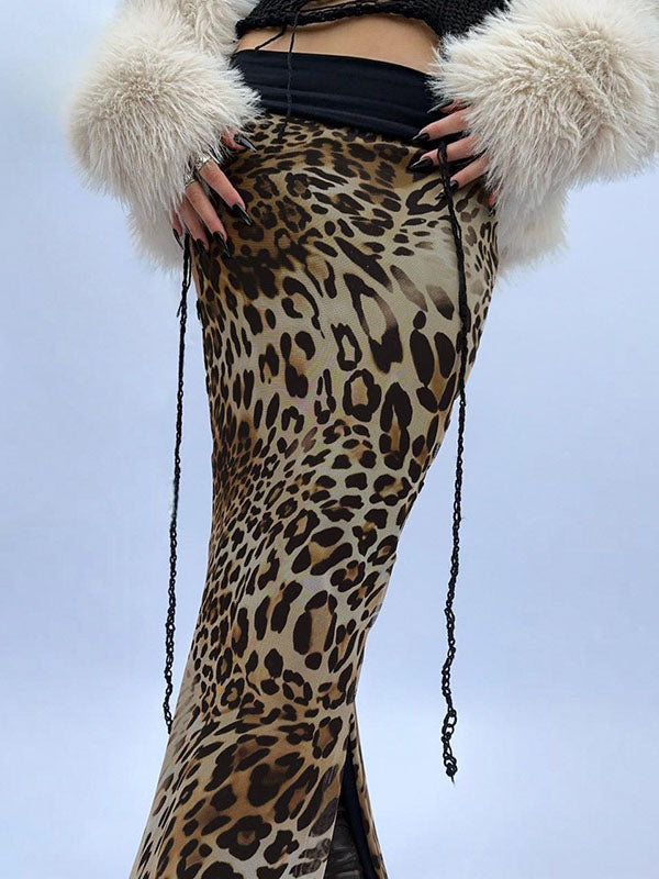 Leopard Patchwork Split-Hem Maxi Skirt