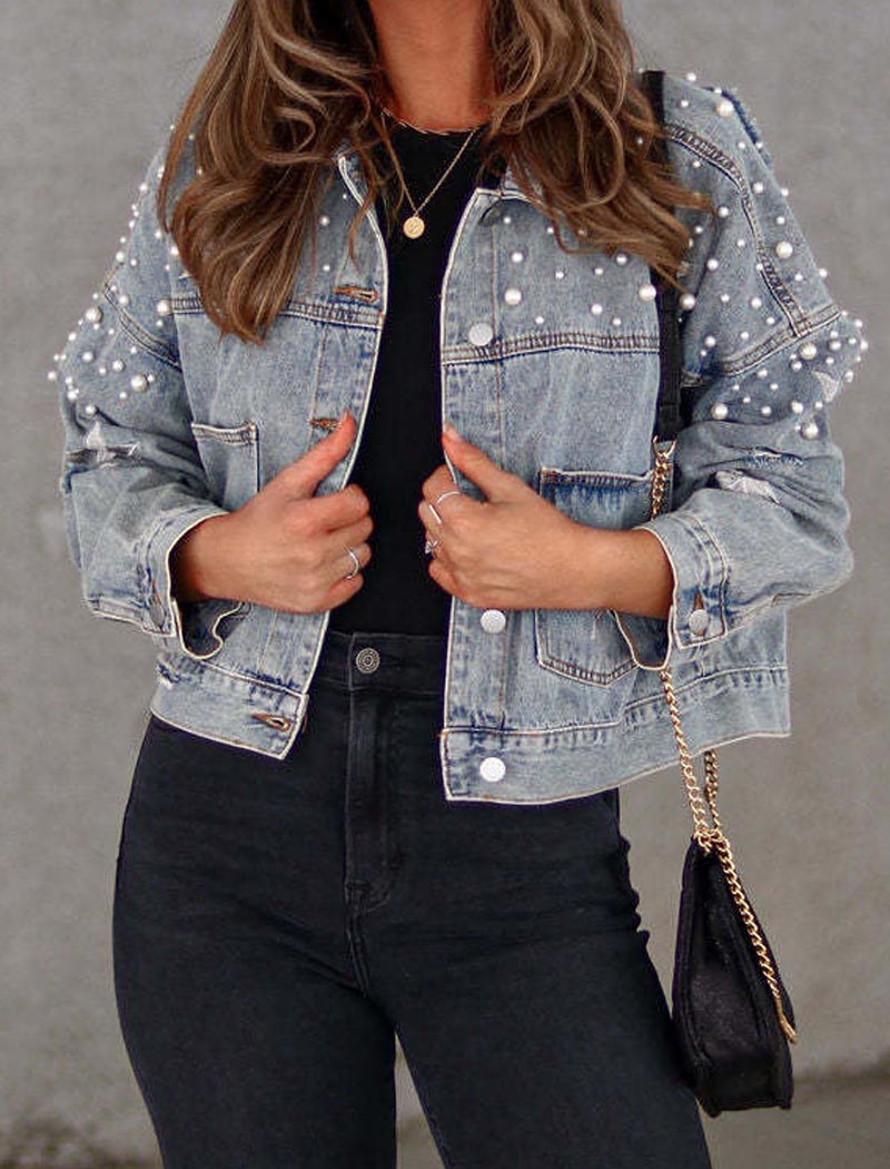 Faux Pearl Studded Denim Crop Jacket