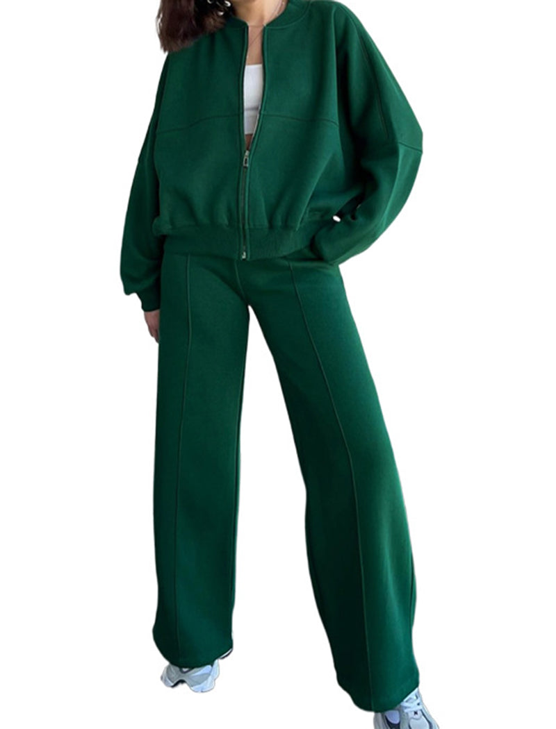 Zip-Up Cropped Jacket and Wide-Leg Pants Set