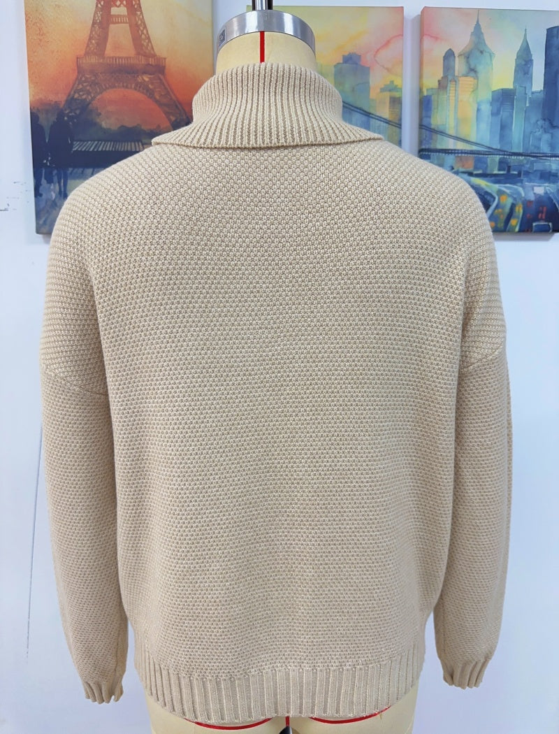 Fringe Knit Turtleneck Sweater with V-Design