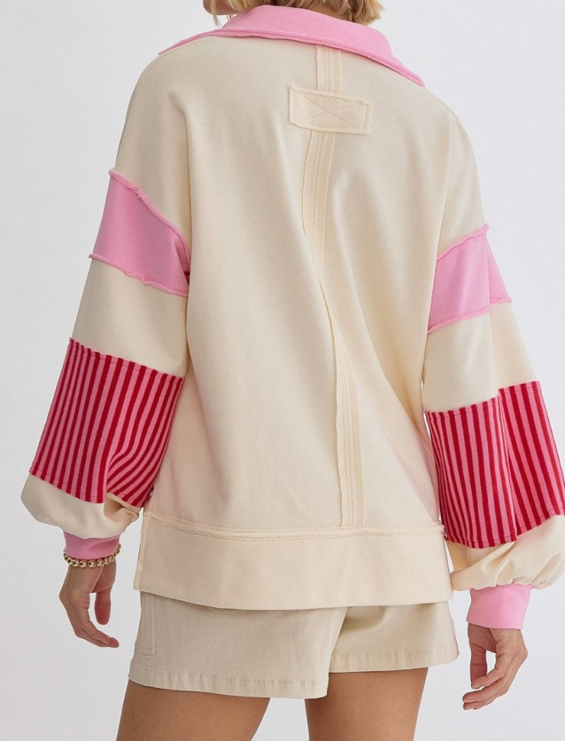 Striped Patchwork Pullover with V-Neck