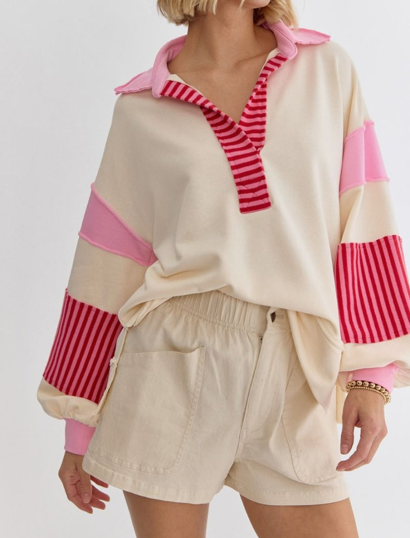 Striped Patchwork Pullover with V-Neck