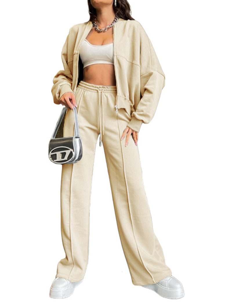 Zip-Up Cropped Jacket and Wide-Leg Pants Set
