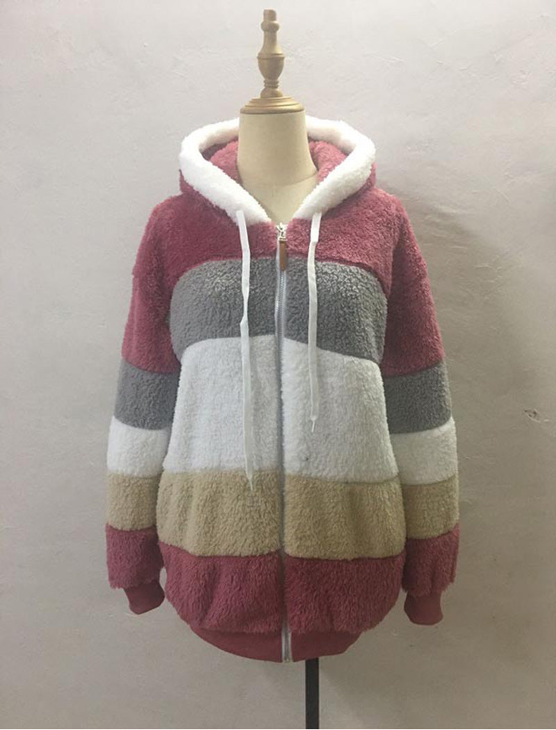 Hooded Patchwork Fuzzy Jacket