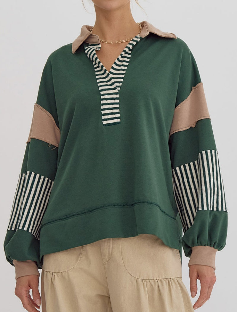 Striped Patchwork Pullover with V-Neck