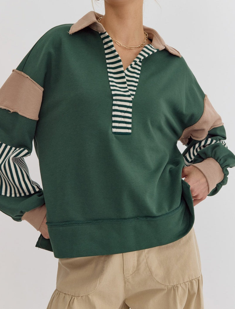 Striped Patchwork Pullover with V-Neck