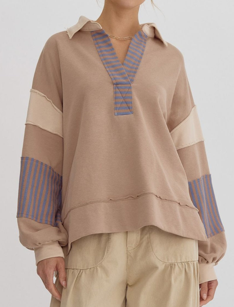 Striped Patchwork Pullover with V-Neck