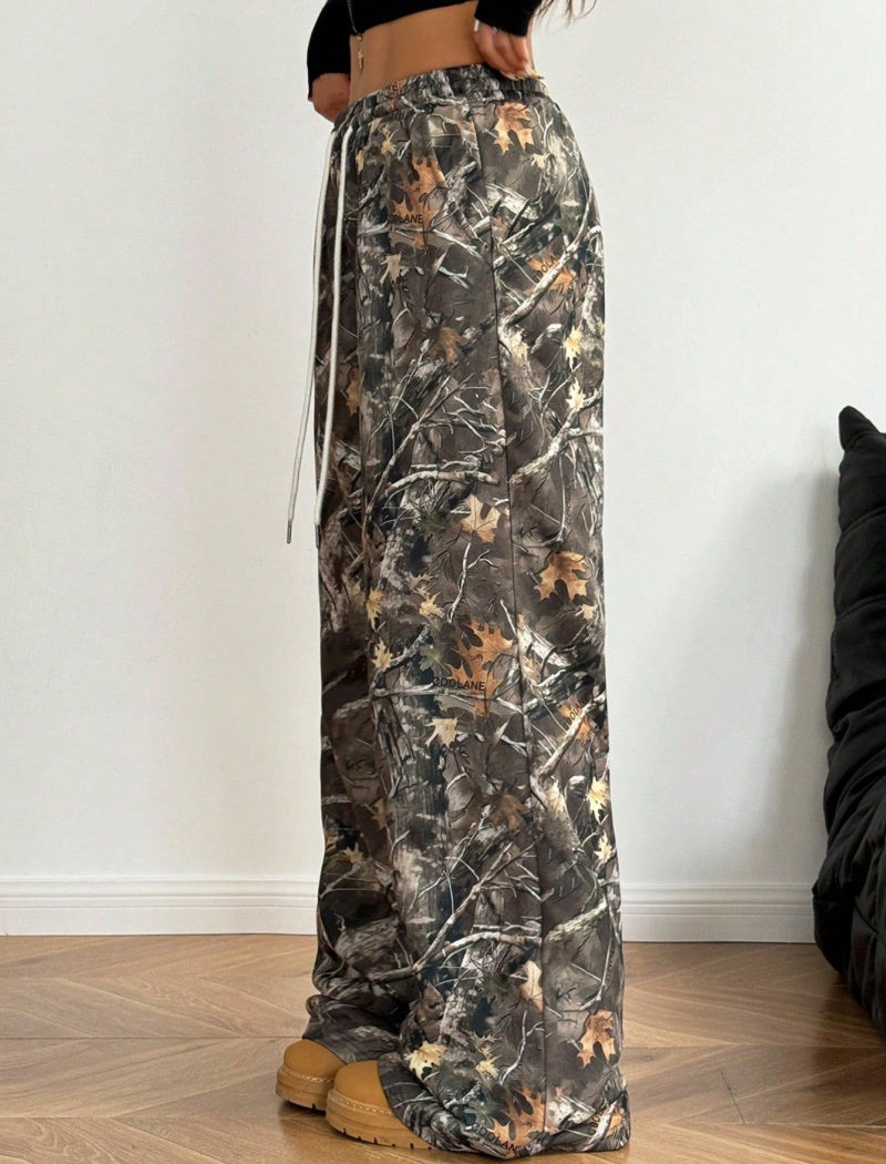 Wide-Leg Camo Printed Drawstring Pants
