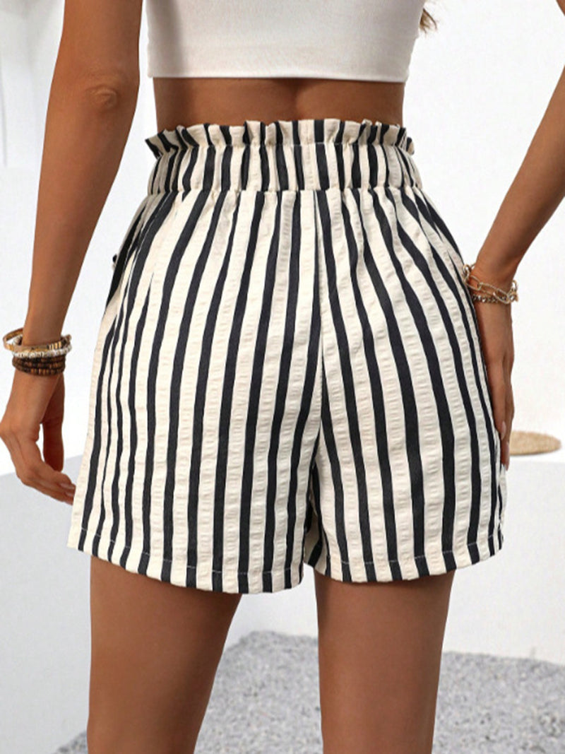 High-Waisted Drawstring Striped Shorts
