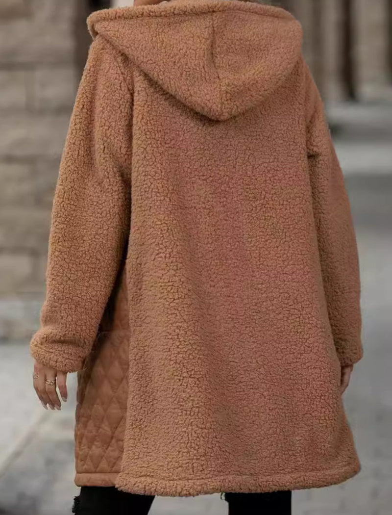 Loose-Fit Hooded Zipper Fleece Coat