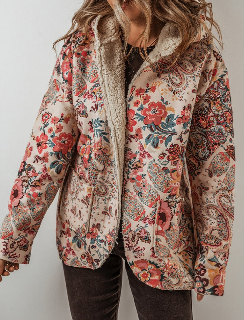 Floral Print Hooded Jacket with Fleece Lining