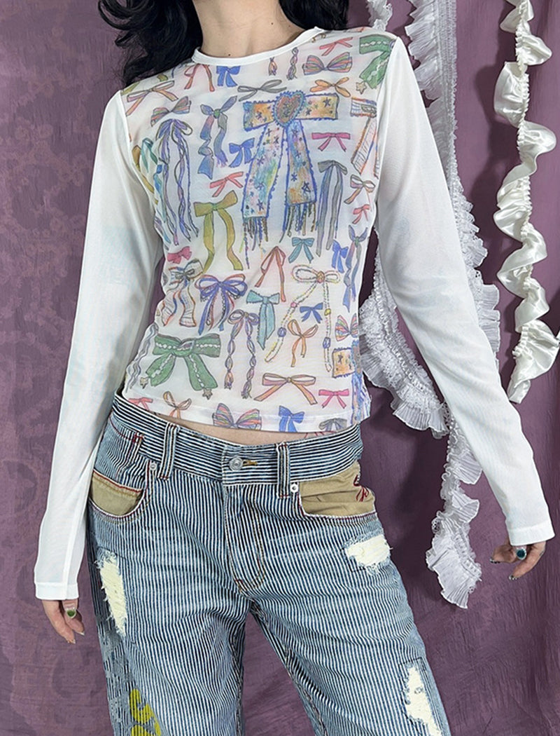 Bowknot Printed Slim Long Sleeve Tee