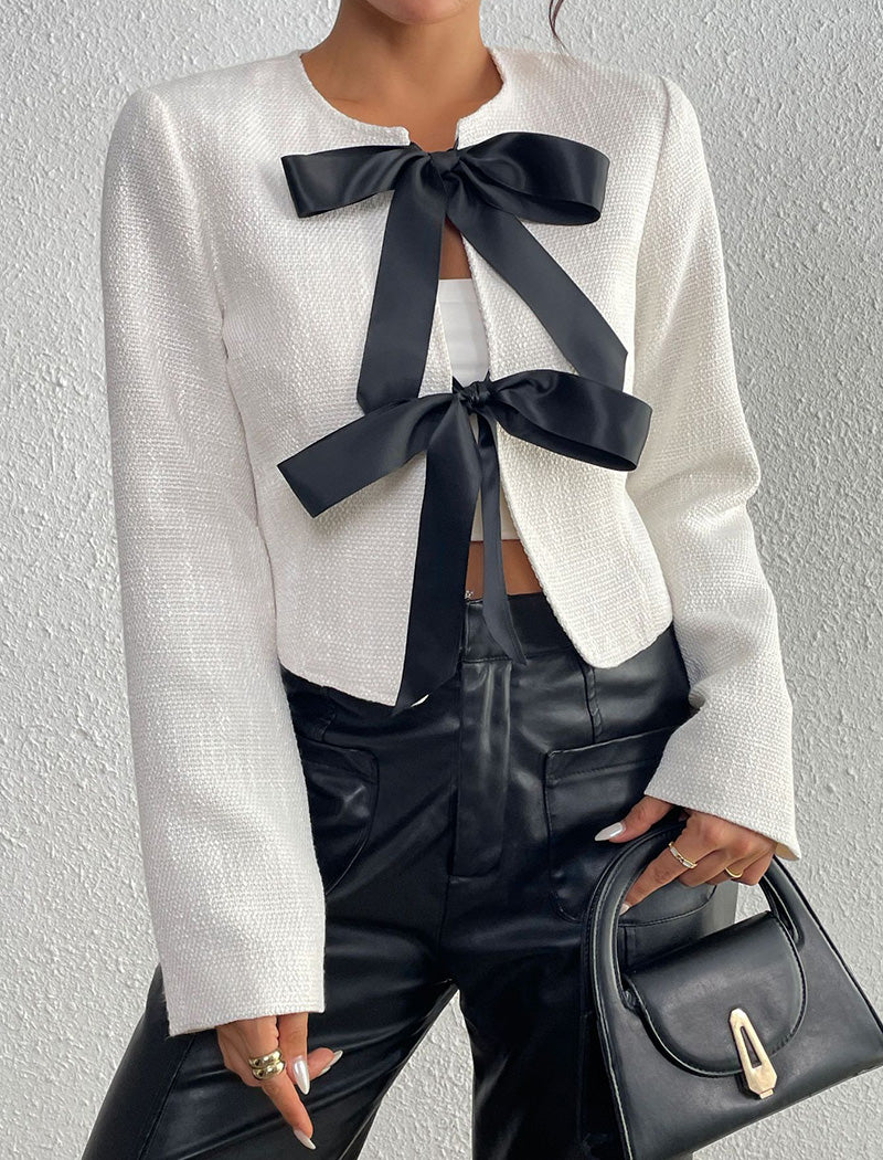 Cropped Blazer with Ribbon Ties