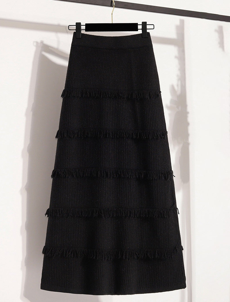 Tiered Fringe Detail Knit Skirt