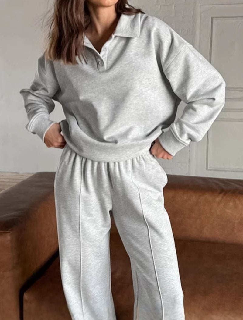 Relaxed Fit Polo Collar Top and Pants Set