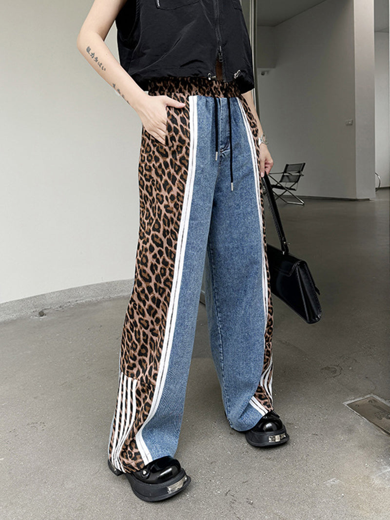 Leopard Print Patchwork Drawstring Pants