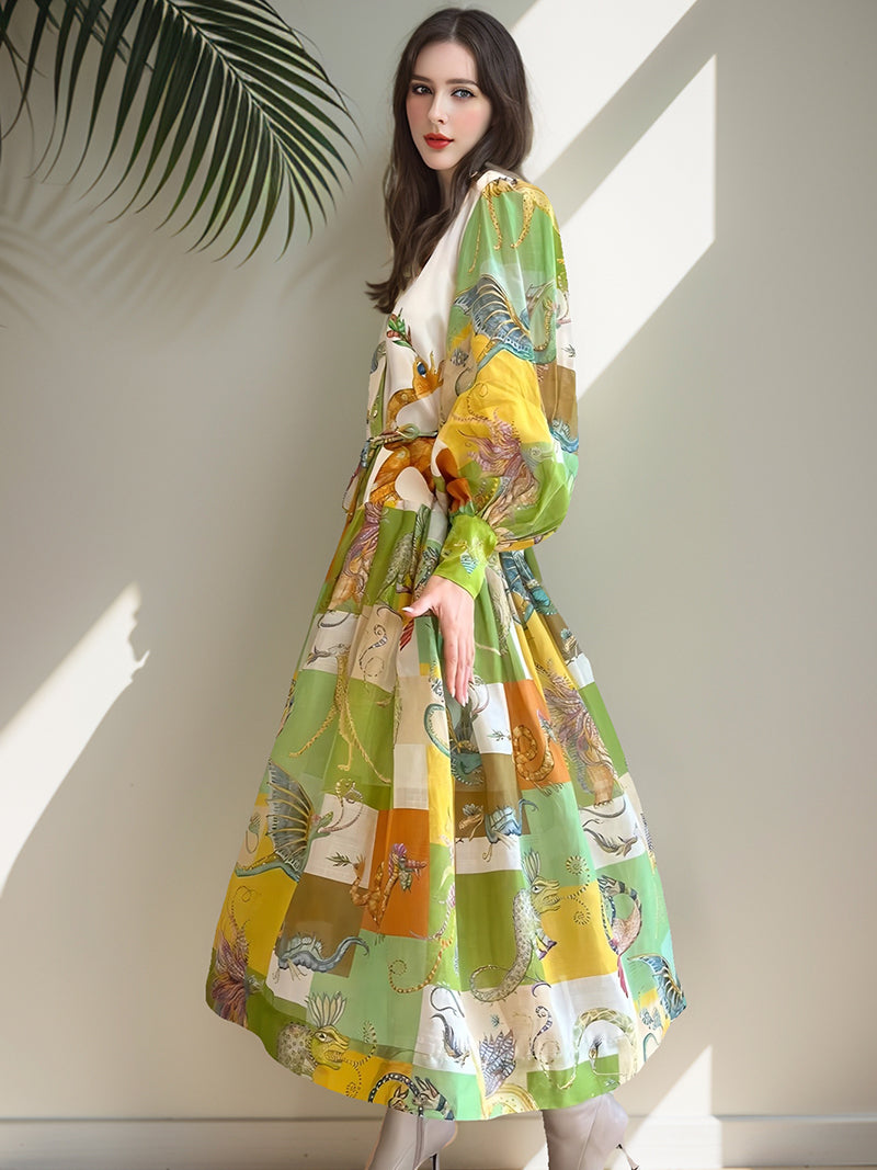 Puff Sleeves Patchwork Midi Dress