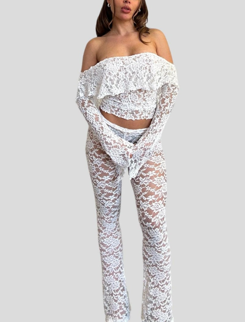 Off-Shoulder Lace Crop Top and Pants Set