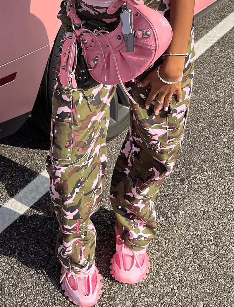 Camouflage Pattern High-Waisted Cargo Pants