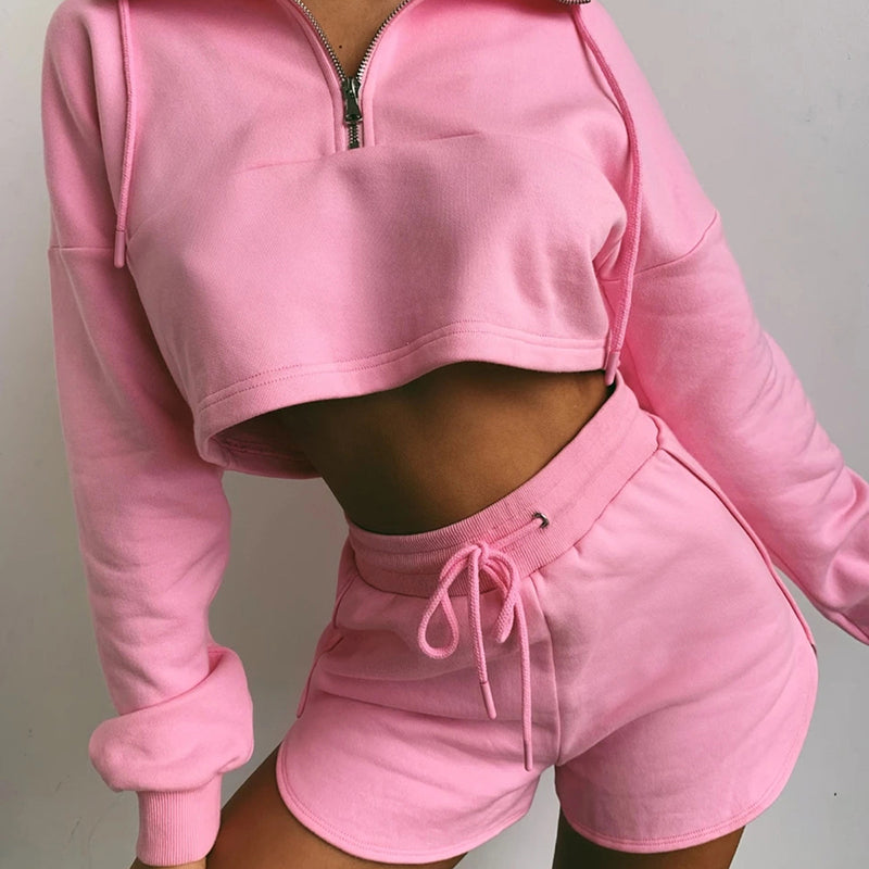 Zip-Up Cropped Top and Drawstring Shorts Set
