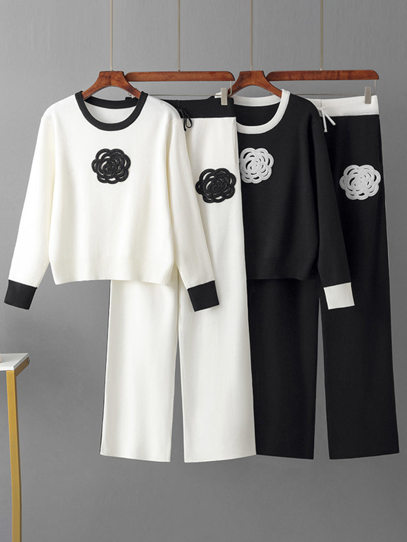 Floral Patchwork Sweater and Wide-Leg Pants Set