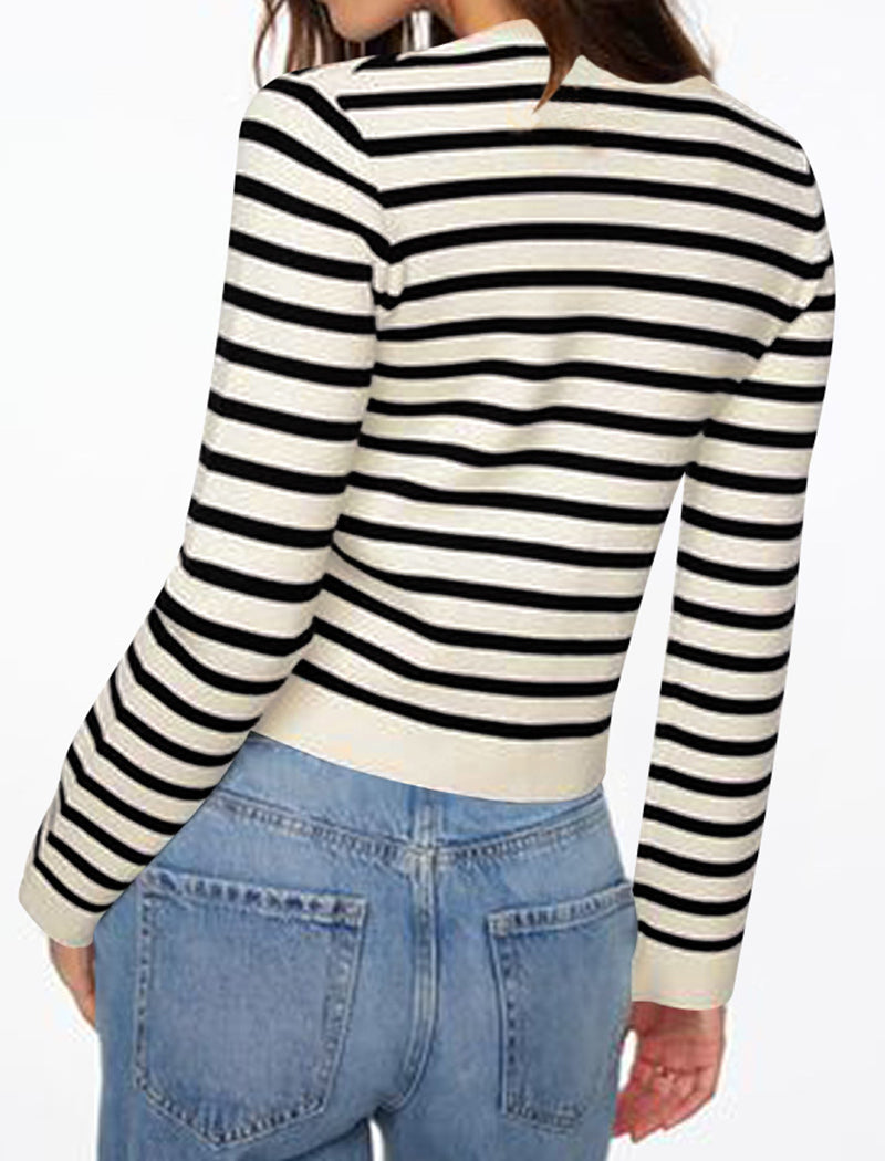 Striped Button-Up Cropped Cardigan