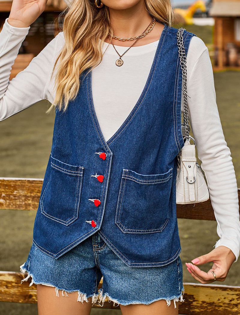 Button-Up Denim Vest with Pocket Detail