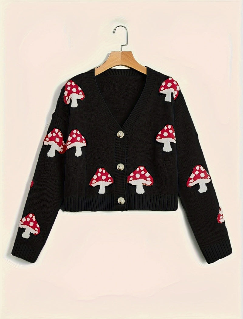 Button-Up Cardigan with Mushroom Patterns