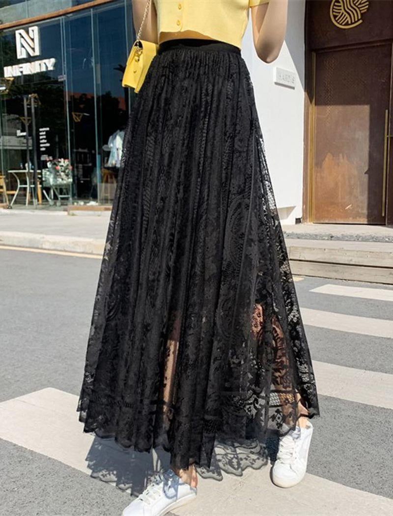 High-Rise Lace Pleated Maxi Skirt