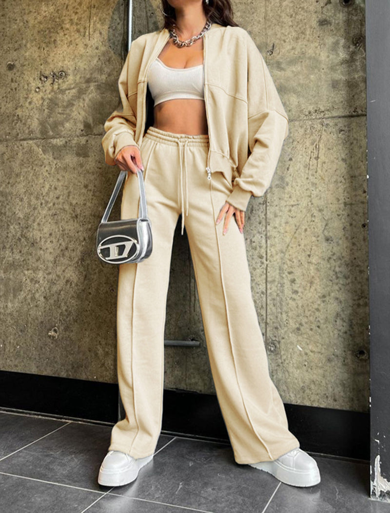 Zip-Up Cropped Jacket and Wide-Leg Pants Set