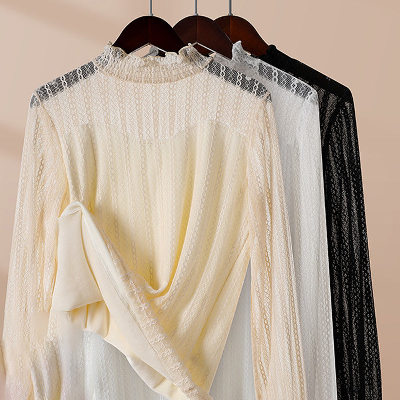 Sheer Lace Ruffle-Trim Blouse