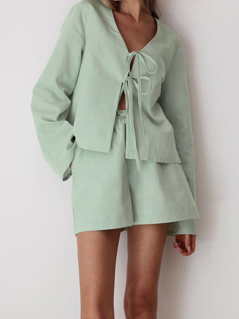 Tie-Front Blouse and Shorts Set