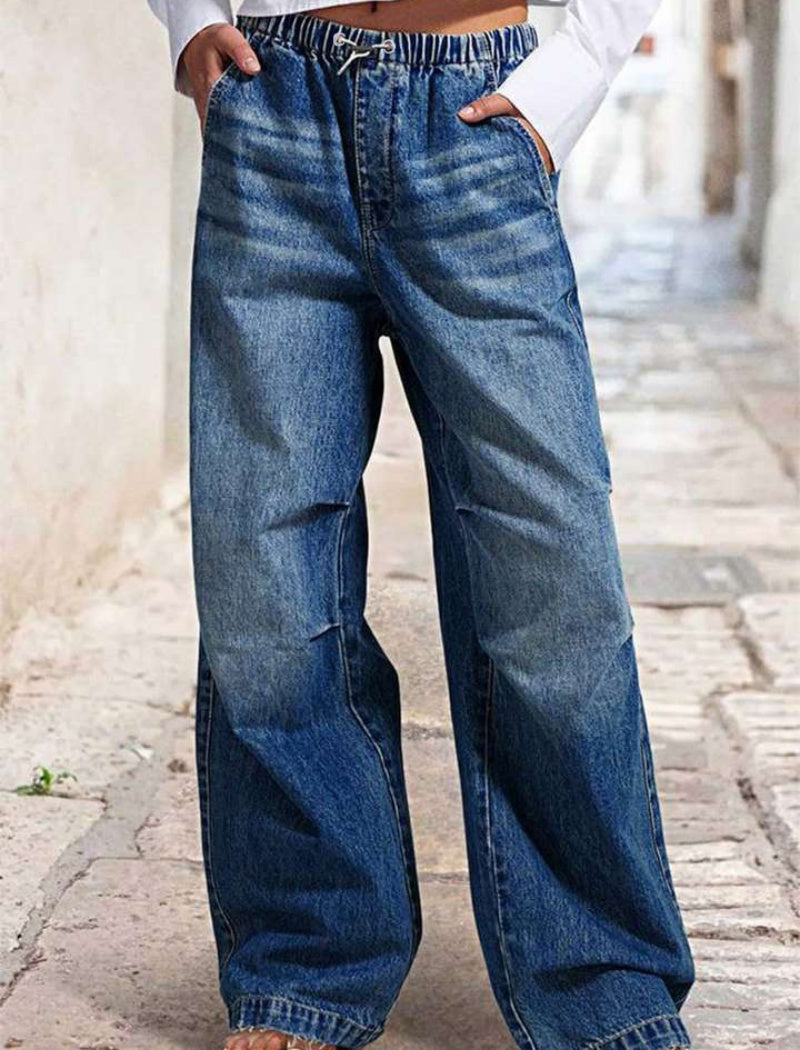 Mid-Rise Pleated Wide-Leg Denim Pants
