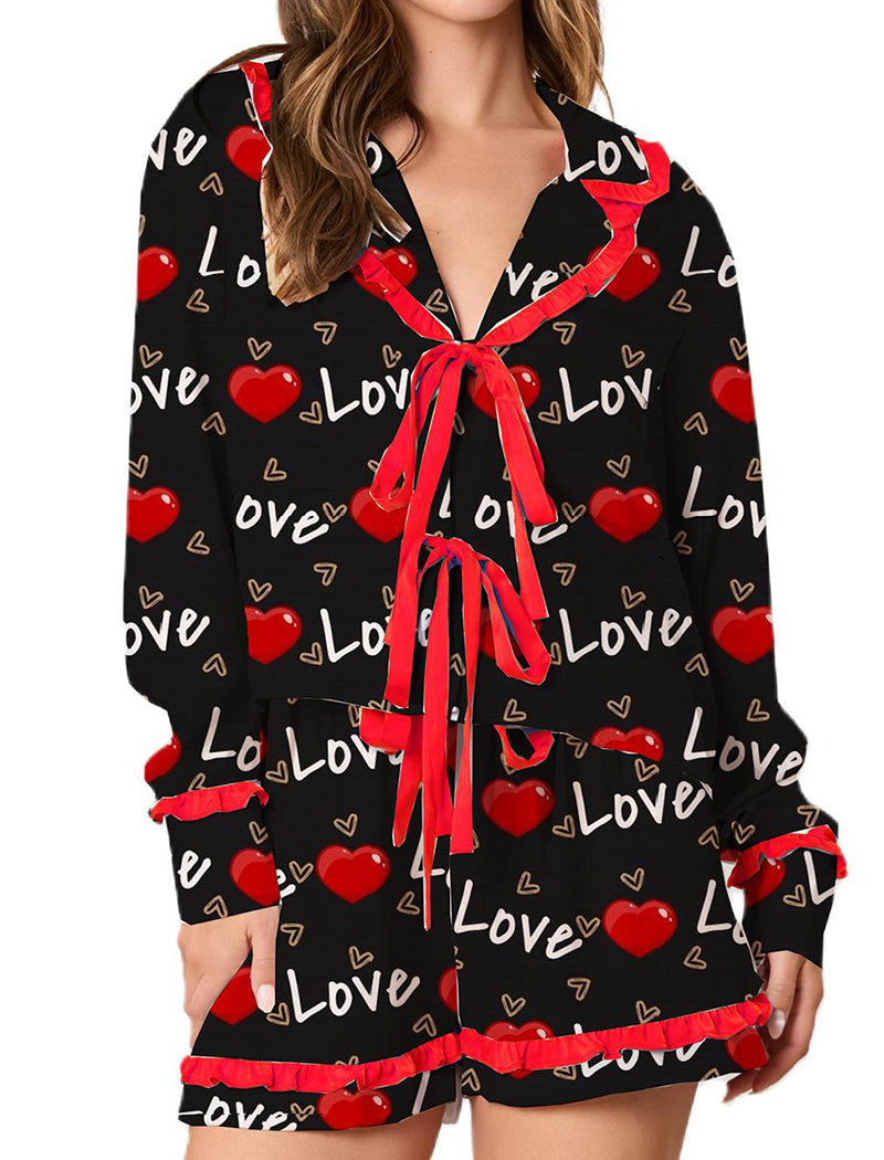 Heart Print Ruffled Pajama Set