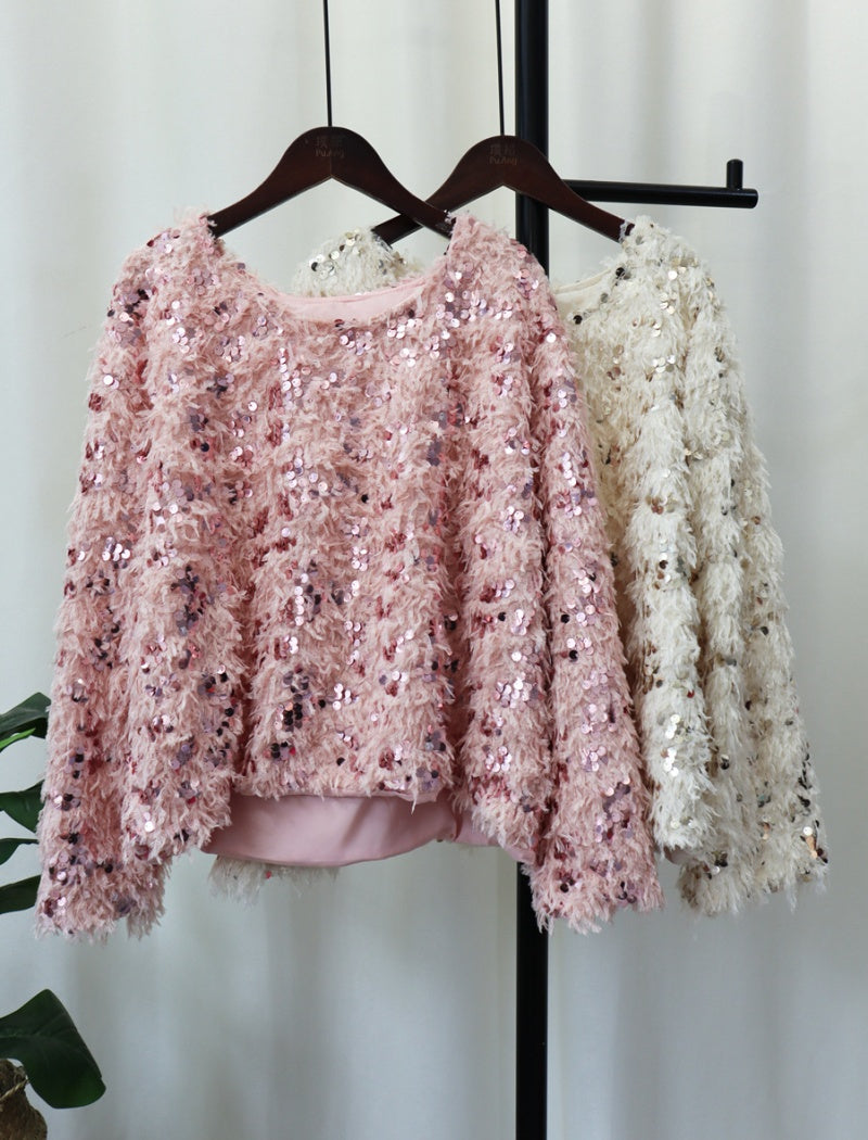 Sequin Fringe Sweater with Balloon Sleeves