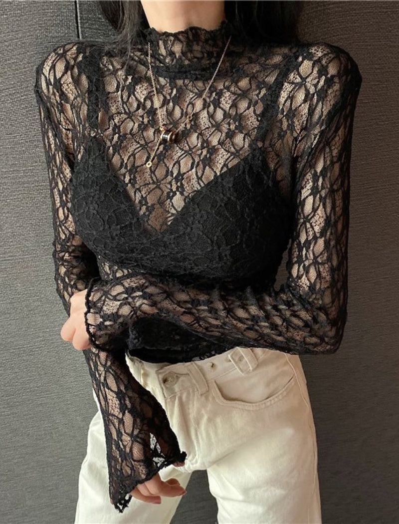 High Neck Lace Sheer Long Sleeve Top