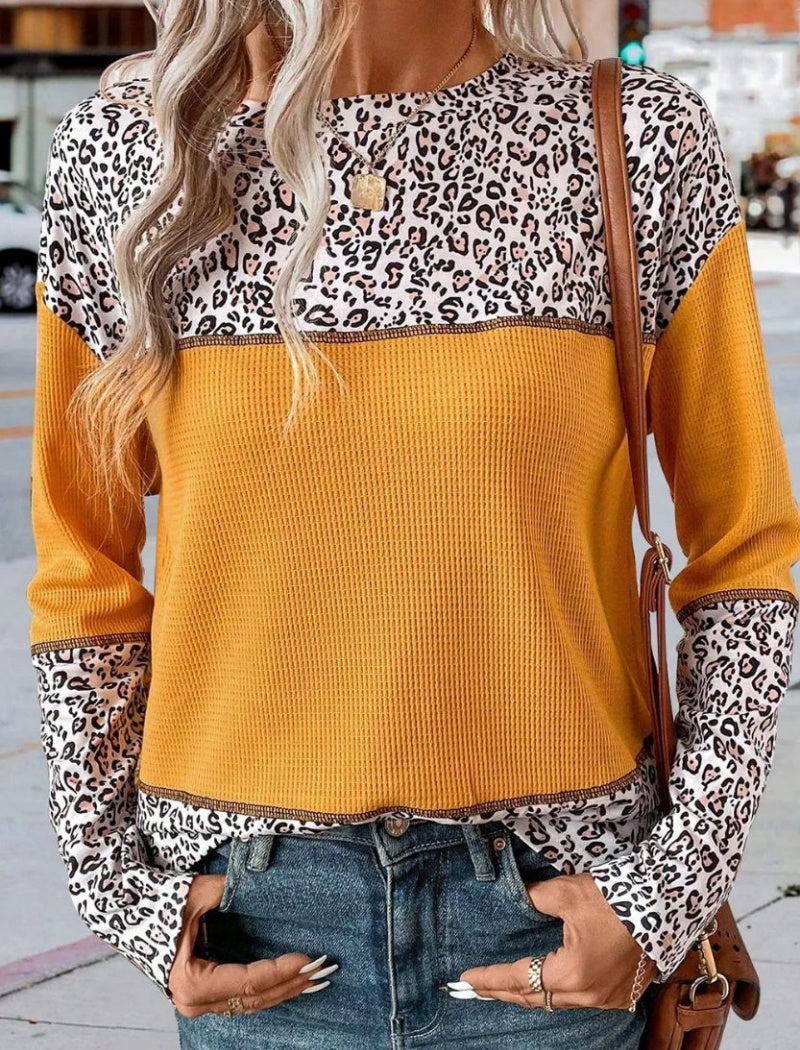 Leopard Patchwork Waffle Knit Sweater