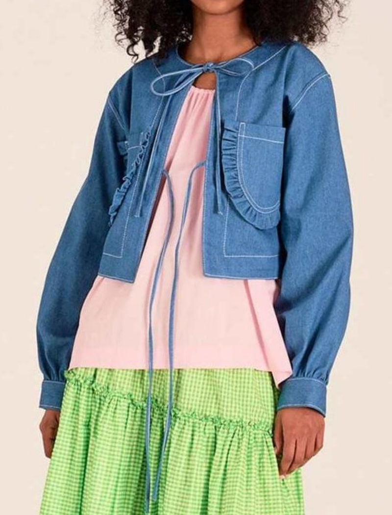 Tie-Front Ruffle Denim Jacket