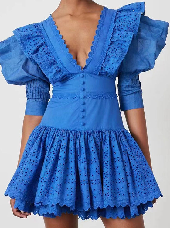 Button-Front Eyelet Mini Dress