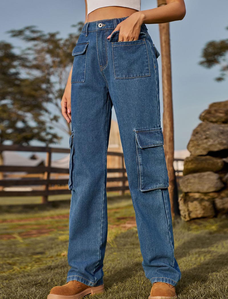 Utility Denim Cargo Pants with Elastic Waist