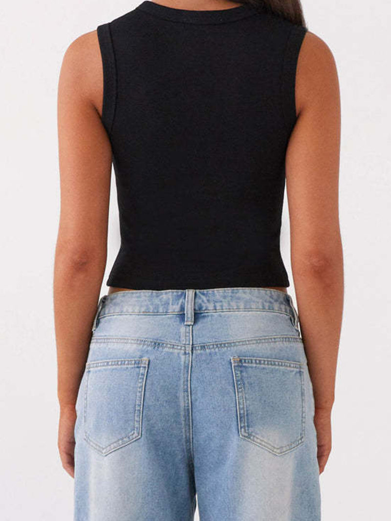 Sleeveless Button-Front Crop Top
